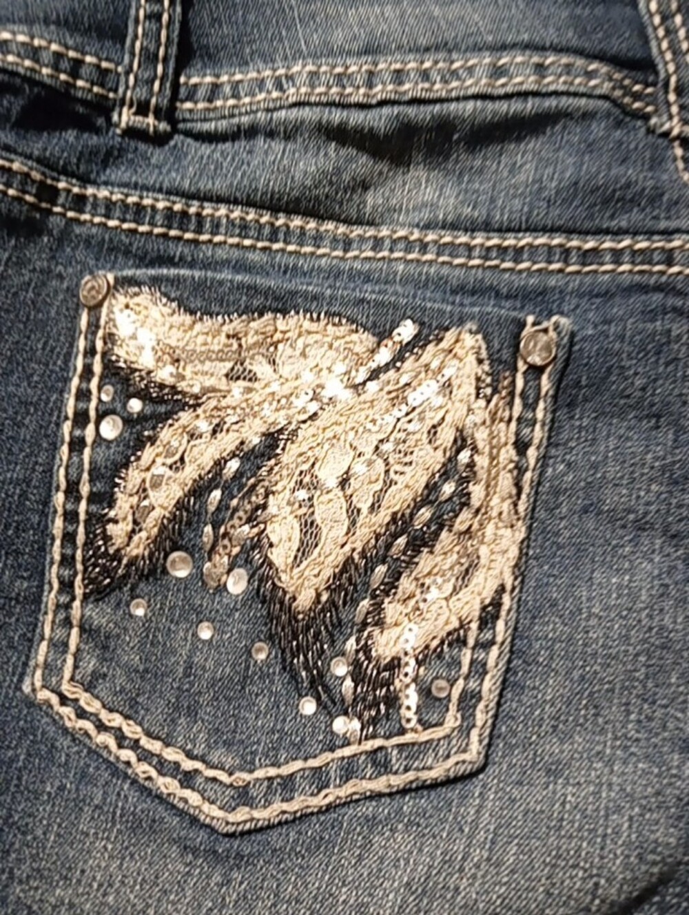 Vanilla Star Dark Blue Skinny Denim Shorts with Silver Lace Pocket